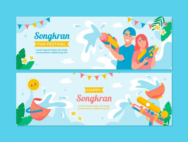 Bandiere orizzontali piatte impostate per la celebrazione del festival dell'acqua songkran