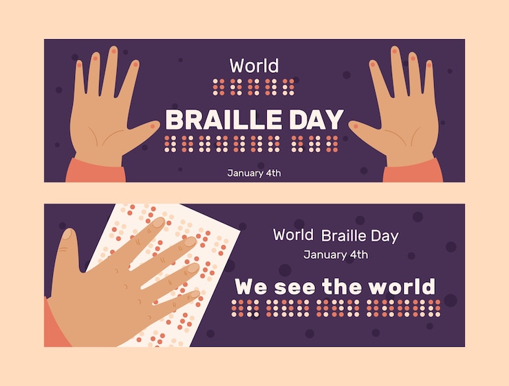 Vettore gratuito bandiere orizzontali piatte impostate per la celebrazione della giornata mondiale del braille