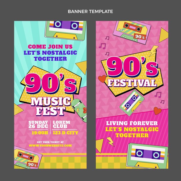 Bandiere verticali del festival di musica degli anni '90 design piatto