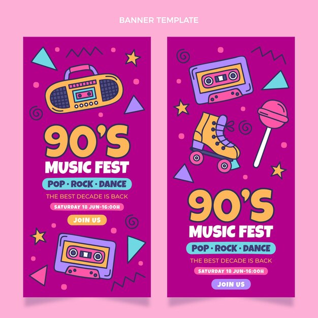 Bandiere verticali del festival musicale degli anni '90 disegnati a mano