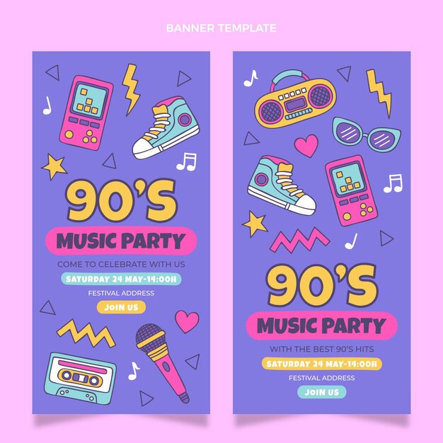 Bandiere verticali del festival musicale nostalgico anni '90 disegnati a mano
