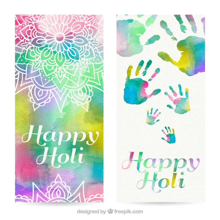 Vettore gratuito banner acquerello holi con ornamenti e stampe a mano