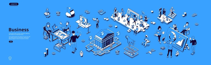 Vettore gratuito banner aziendale concetto di strategia efficiente analisi del lavoro di squadra gestione e finanza dell'azienda pagina di destinazione vettoriale con persone isometriche che lavorano con il laptop e insieme in ufficio