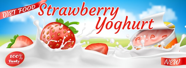 banner colorato realistico per annunci di yogurt. Le fragole rosse in latte bianco spruzza