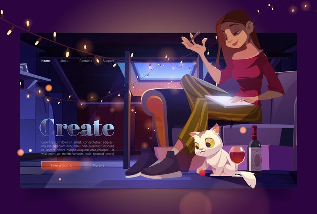 Banner con artista donna in soffitta di notte. Il pittore della ragazza si siede sul sofà e disegna. Pagina di destinazione vettoriale di lavoro creativo e hobby con illustrazione di cartoni animati di interni accoglienti mansarda, donna con penna e gatto