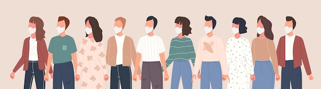 banner con avatar di persone di gruppo che indossano maschere mediche per prevenire la malattia da coronavirus. Collezione di caratteri vettoriali