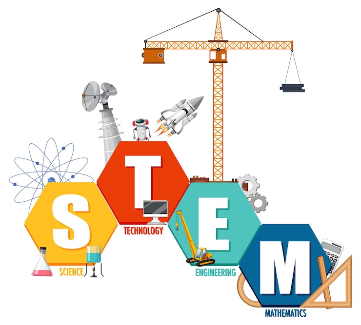 Vettore gratuito banner con logo educativo stem con elementi dell'icona di apprendimento