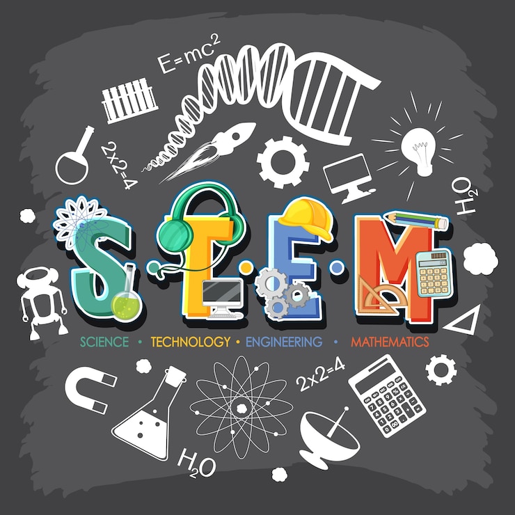 Vettore gratuito banner con logo stem con elementi dell'icona di apprendimento