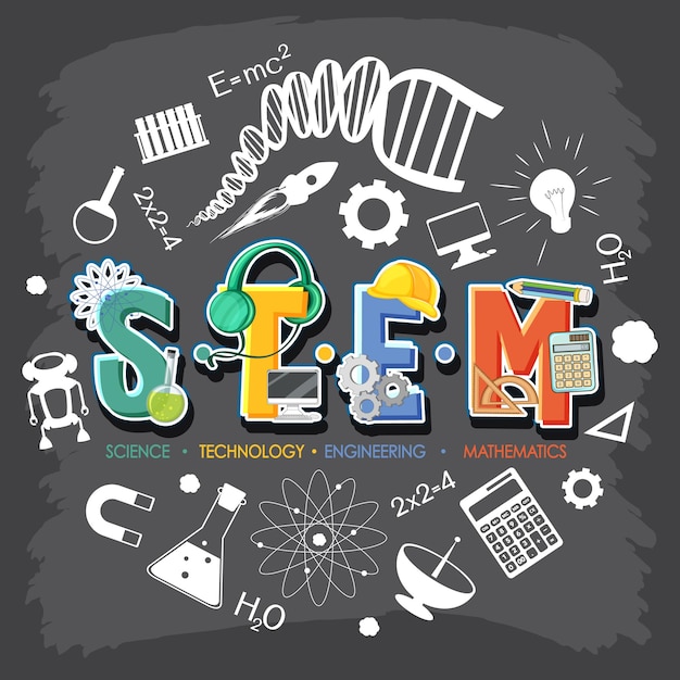 Banner con logo STEM con elementi dell'icona di apprendimento