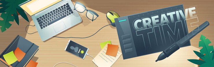 Vettore gratuito banner con vista dall'alto dell'area di lavoro del designer