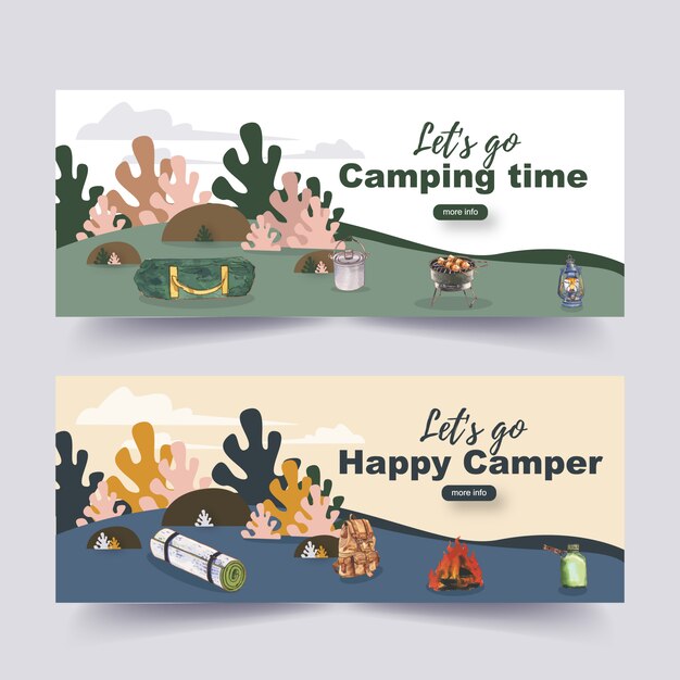 Banner da campeggio con illustrazioni di lanterna, zaino e tenda