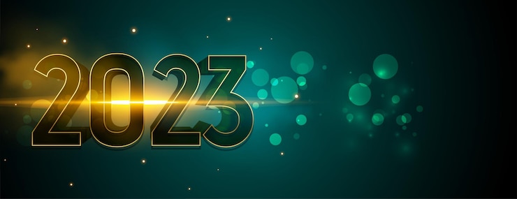 Vettore gratuito banner dell'evento di capodanno con testo 3d 2023 ed effetto bokeh