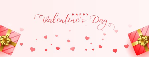 Banner di auguri di San Valentino con scatole regalo e cuori galleggianti