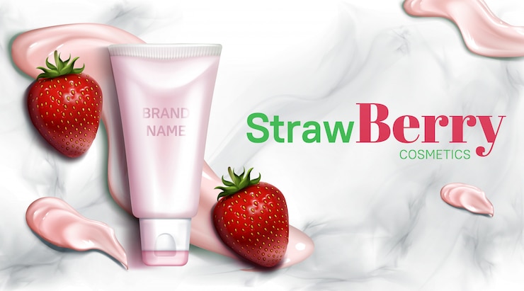 Vettore gratuito banner di bottiglia di cosmetici alla fragola