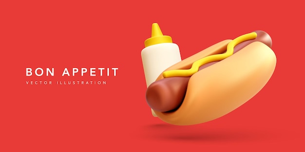 Banner di buon appetito con hotdog 3d e bottiglia di senape su sfondo rosso Illustrazione vettoriale