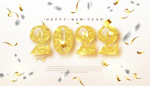 Banner di Capodanno con numeri glitter oro 2022. Banner Per intestazioni natalizie e per le vacanze invernali, volantini per feste