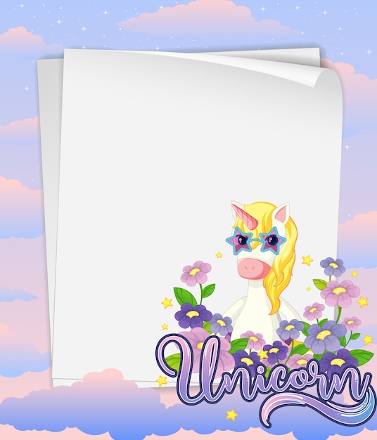 Banner di carta bianca con unicorno carino sullo sfondo del cielo pastello