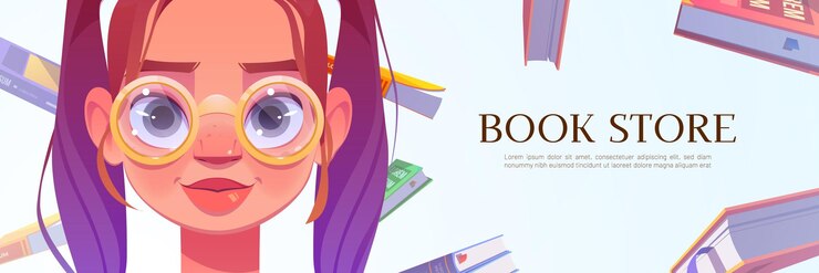Vettore gratuito banner di cartone animato negozio di libri con volto di giovane donna