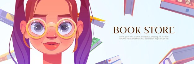 Banner di cartone animato negozio di libri con volto di giovane donna