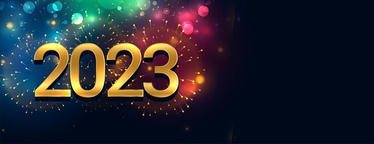 Vettore gratuito banner di celebrazione del nuovo anno 2023 con effetto luce bokeh