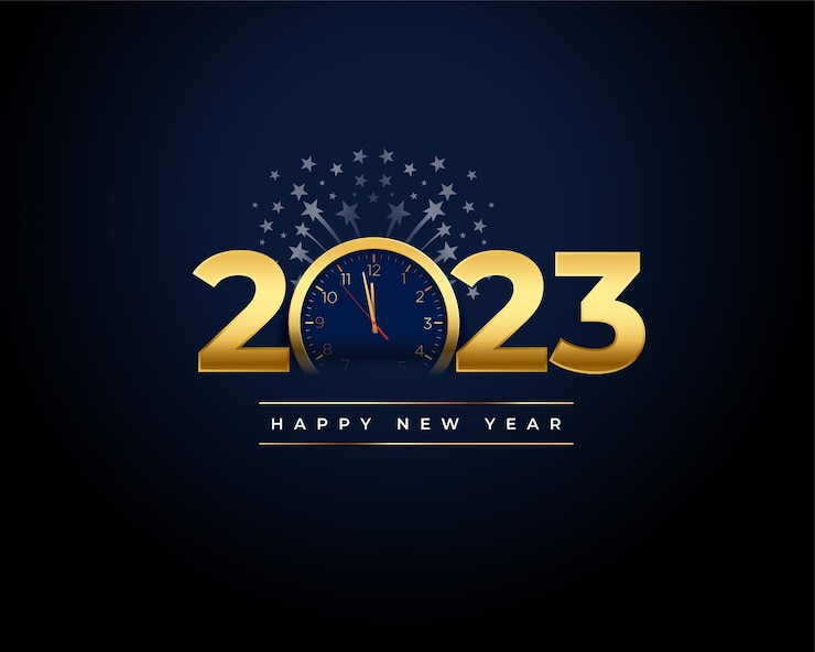 Vettore gratuito banner di celebrazione della vigilia del felice anno nuovo 2023 con design dell'orologio