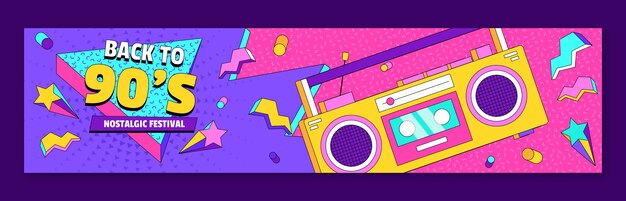 Banner di contrazione del festival musicale nostalgico degli anni '90 dal design piatto