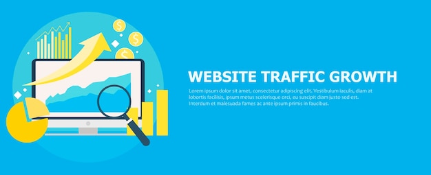 Banner di crescita del traffico del sito Web. Computer con diagrammi, grafici di crescita. Lente d&#39;ingrandimento.