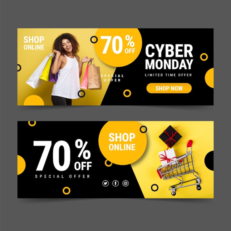 Vettore gratuito banner di cyber lunedì design piatto con foto