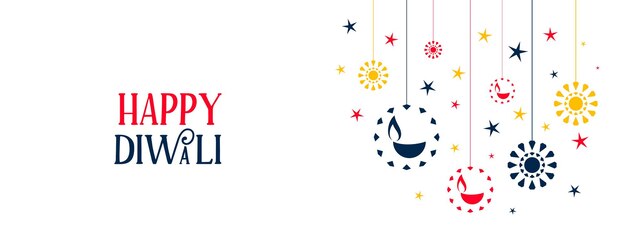 Banner di diwali felice con diya piatto colorato e stelle