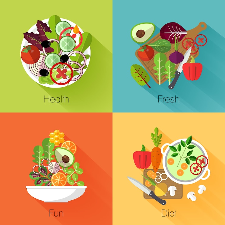 Vettore gratuito banner di insalata fresca. verdura e avocado, prodotto naturale, mangiare cavoli e carote, dieta nutritiva vitaminica.