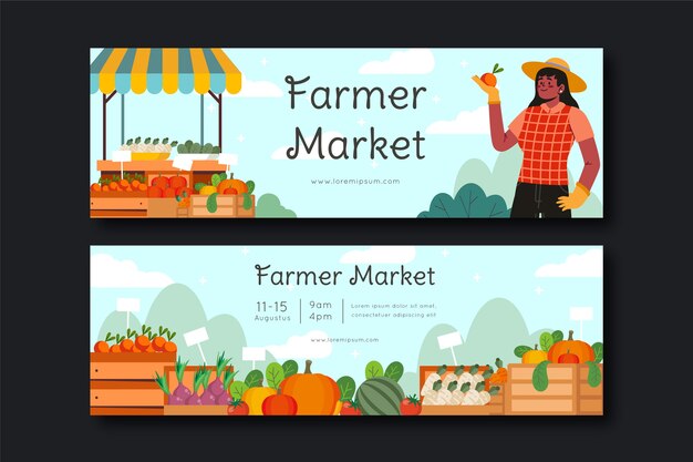 Banner di mercato degli agricoltori di design piatto disegnato a mano
