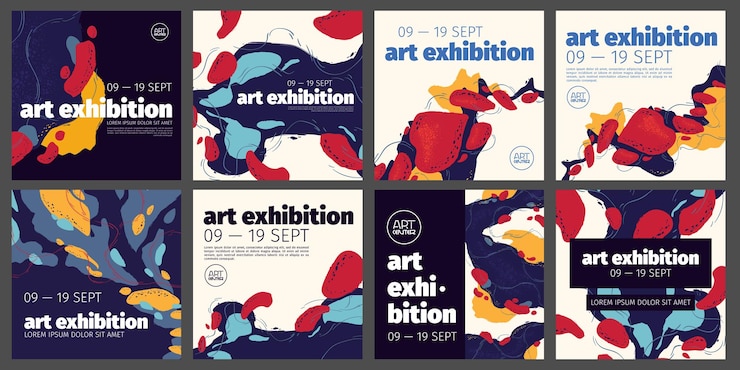 Vettore gratuito banner di mostre d'arte con macchie di vernice astratte poster quadrati vettoriali per i social media di mostre museali o gallerie con un design creativo alla moda con pittura colorata