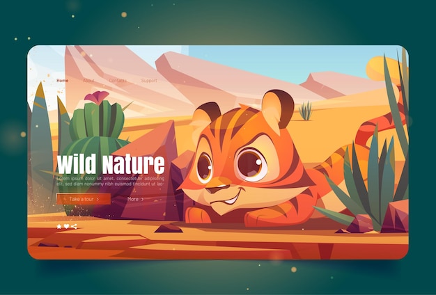 Banner di natura selvaggia con tigre che si intrufola nella pagina di destinazione del vettore del deserto con l'illustrazione del fumetto della sabbia...