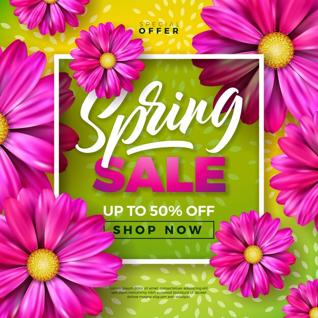 Banner di primavera Modello di disegno floreale con tipografia lettera