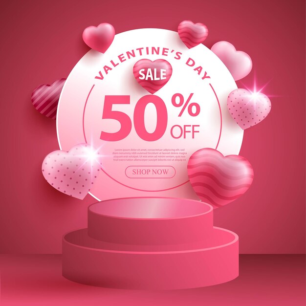 Banner di promozione della vendita di San Valentino con focolare realistico o forma d'amore e podio 3D