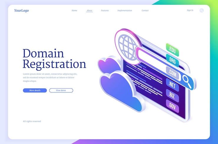 Vettore gratuito banner di registrazione del dominio. concetto di nome del sito web, indirizzo url. pagina di destinazione vettoriale del servizio di hosting per siti web con illustrazione isometrica della tavoletta digitale con modulo di registrazione