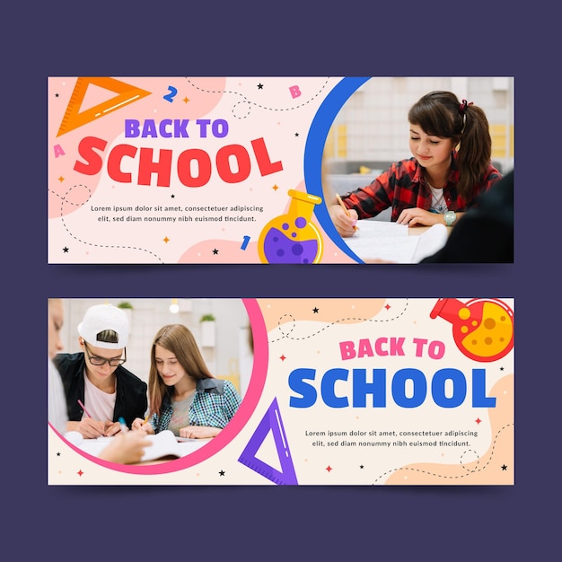 Banner di ritorno a scuola piatto con foto