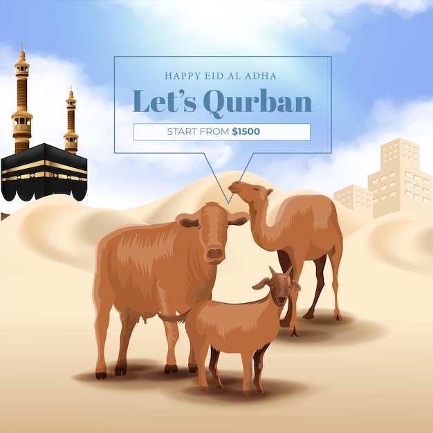 Banner di sacrificio animale per la festa islamica di eid al adha Mubarak con capra, mucca e cammello