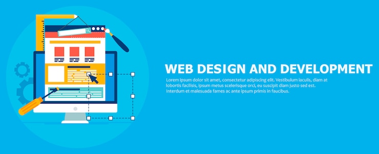 Vettore gratuito banner di sviluppo del sito. computer con strumenti di costruzione.