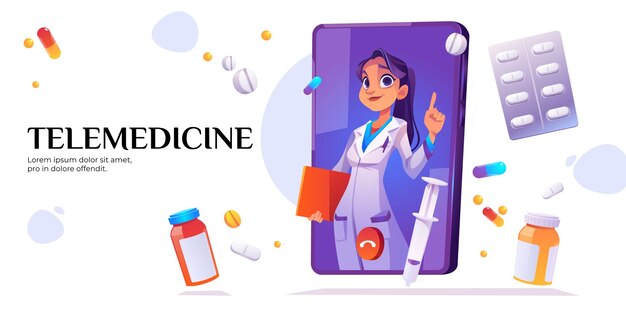 Banner di telemedicina. Consultazione medica in linea con il medico sullo schermo del telefono cellulare.