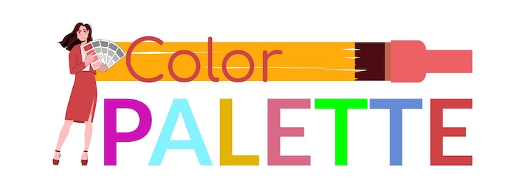 Vettore gratuito banner di testo piatto della tavolozza dei colori con lettere colorate e illustrazione vettoriale di design femminile