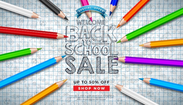 Banner di vendita a scuola con matita colorata e scarabocchi disegnati a mano su griglia quadrata
