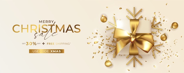 Banner di vendita di buon Natale con codice coupon e regalo dorato realistico