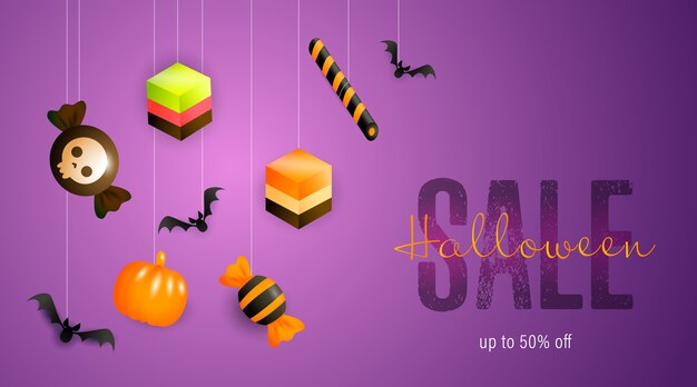 Banner di vendita di Halloween con caramelle e dolci