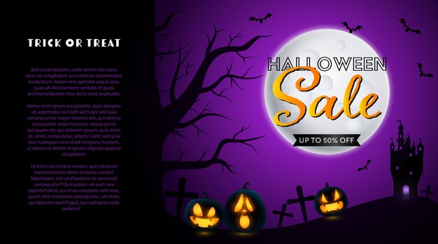 Banner di vendita di Halloween con cimitero e luna