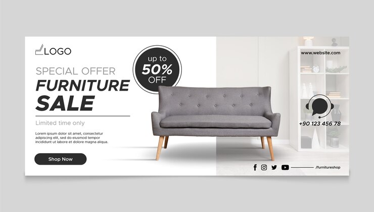 Vettore gratuito banner di vendita di mobili piatti con foto