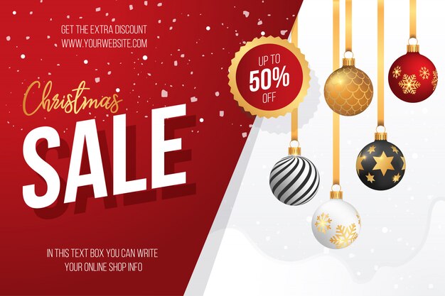 Banner di vendita di Natale con palle di Natale decorativi