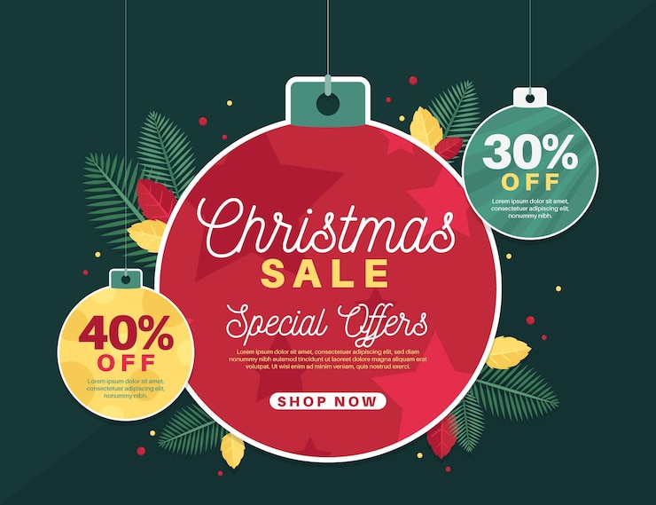 Vettore gratuito banner di vendita di natale design piatto con globi