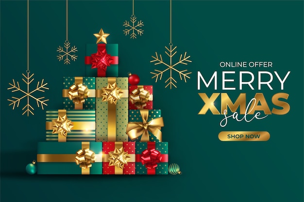 Banner di vendita di Natale realistico con albero fatto di regali