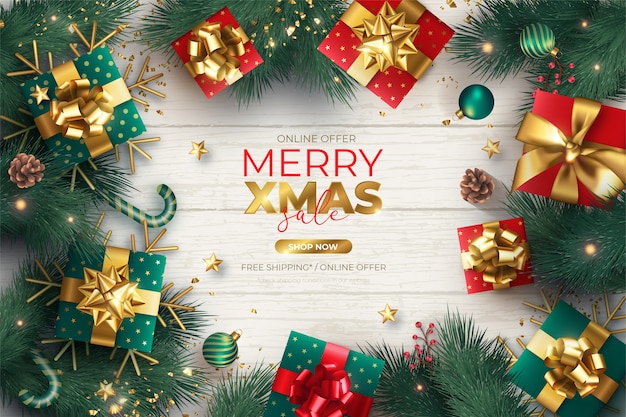 Banner di vendita di Natale realistico con ornamenti e regali